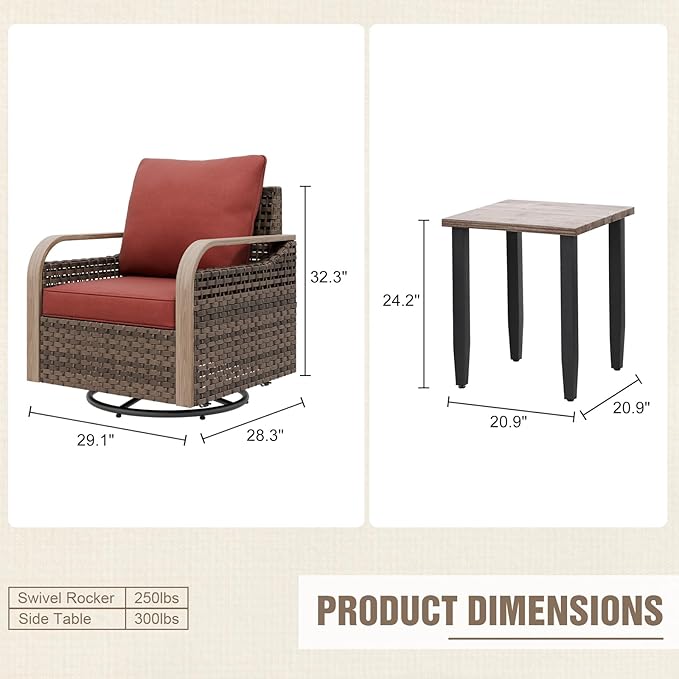 Modern Wicker Bistro Table and Chairs Set, Rattan Outdoor Bistro Set for Patio, Wicker Patio Chairs & Table, 3 Pieces, Brown/Red