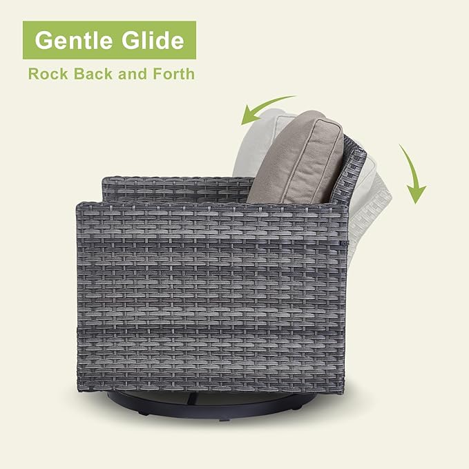 Wicker Outdoor Patio Furniture Set - 6 Piece Patio Conversation Set with 2 Swivel Rocker Chairs,2 Rattan Ottoman,1 Couch and 1 Metal Coffee Table for Outside Porch Deck Backyard(Mixed Grey/Grey)