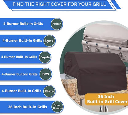Covers & All Built-in Grill Cover for Outdoor Grill – Heavy Duty 12 oz Waterproof Built-in BBQ Grill Cover, PVC-Coated Polyester with Elastic Hem for Snug Fit (36 x 30 x 26 inches, Coffee)