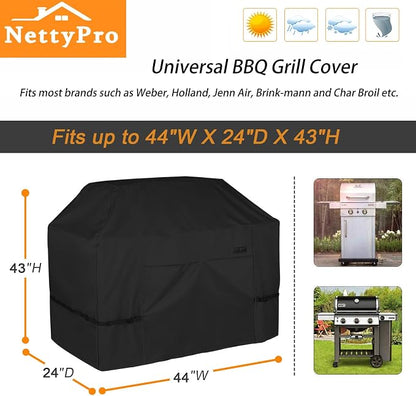 NettyPro Grill Cover for Outdoor Grill 44 inch Waterproof Heavy Duty Gas BBQ Cover for Outside Weber, Char-Broil, Brinkmann, Jenn Air, Nexgrill 2 Burner Barbecue, Black