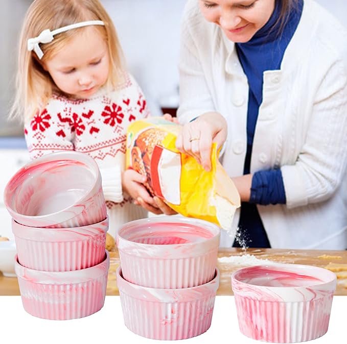 Yundu 4.5 Ounce Pink Marble Ceramic Ramekins - Perfect for Creme Brulee, Oven Safe Baking Bowls - Set of 6