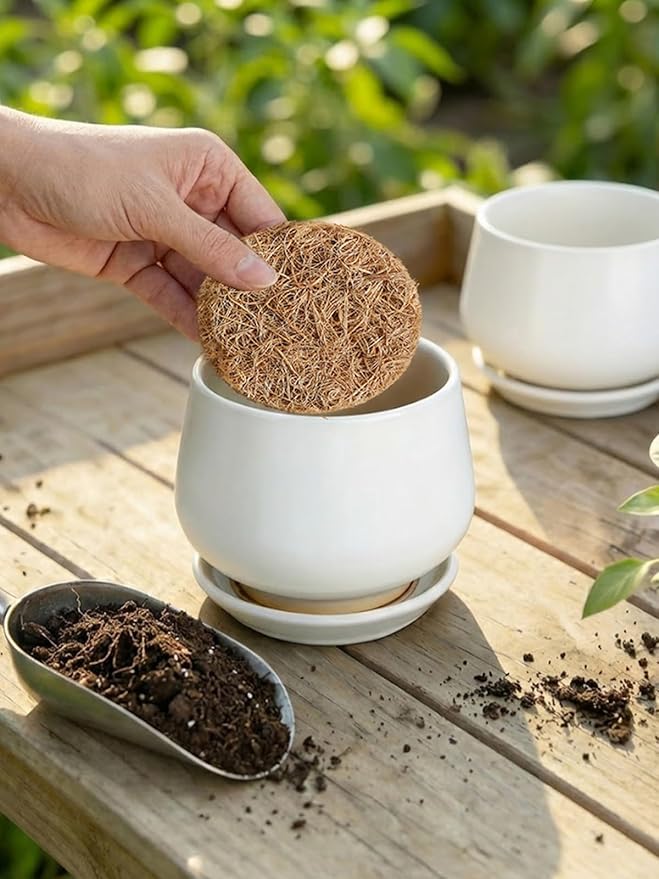 LE TAUCI Coconut Coir Drainage Mesh Pads for Flower Pots, Pre-Cut 4 Inch Pot Hole Covers to Prevent Soil Loss, Natural Coir Fiber Liners for Indoor & Outdoor Planters, 10 Pack