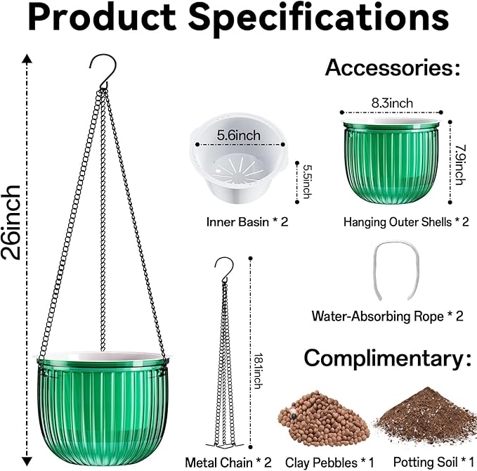 Halatool 2 Pack Self Watering Hanging Planters for Plants, 8.3 Inch Hanging Baskets, 3 Hooks Plant Hangers with Drainage Holes for Gardening (Green)