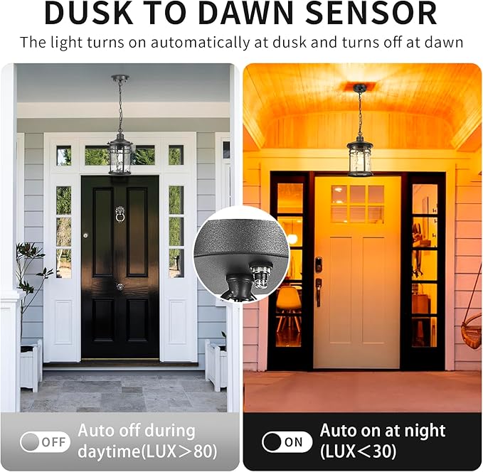Darkaway Dusk to Dawn Outdoor Pendant Light, 14inch Hanging Porch Light Outdoor Chandelier Ceiling Mount Waterproof Pendant Lights with Water Ripple Glass for Patio Entrance Foyer Entryway