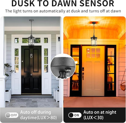 Darkaway Dusk to Dawn Outdoor Pendant Light, 14inch Hanging Porch Light Outdoor Chandelier Ceiling Mount Waterproof Pendant Lights with Water Ripple Glass for Patio Entrance Foyer Entryway