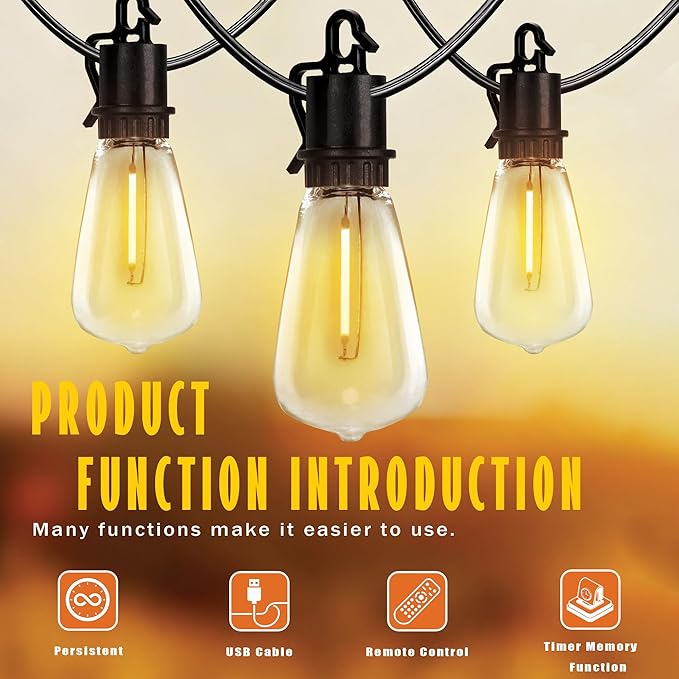 Outdoor Solar Waterproof Light String, 50FT Wire and 25 shatterproof Bulbs, dimmable Light Cannon with Remote Control, Suitable for Courtyard, Terrace, Balcony, Party Decoration Lighting