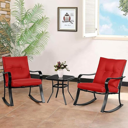 Oakcloud Oakmont Outdoor Furniture 3 Piece Conversation Bistro Set Rocking Chairs and Glass Top Table, Thick Cushions, Black Steel (Red)