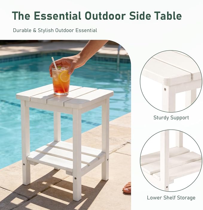 Furnimart Adirondack 2-Layer Square Outdoor Side Table, Extra-Thick HDPE Weather-Resistant Small Patio Table, White Outdoor End Table for Garden Balcony Yard Deck Poolside(White)