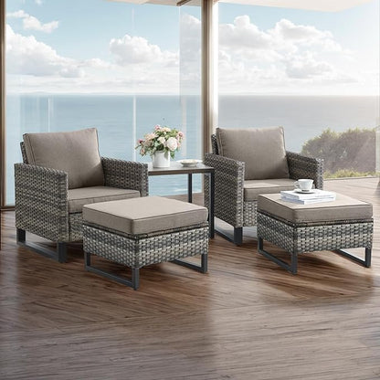 Wicker Outdoor Patio Furniture Set - 5 Piece Patio Conversation Set with 2 Wicker Armrest Chairs,2 Rattan Ottoman and 1 Metal Side Table for Outside Porch Deck Backyard Garden(Mixed Grey/Grey)