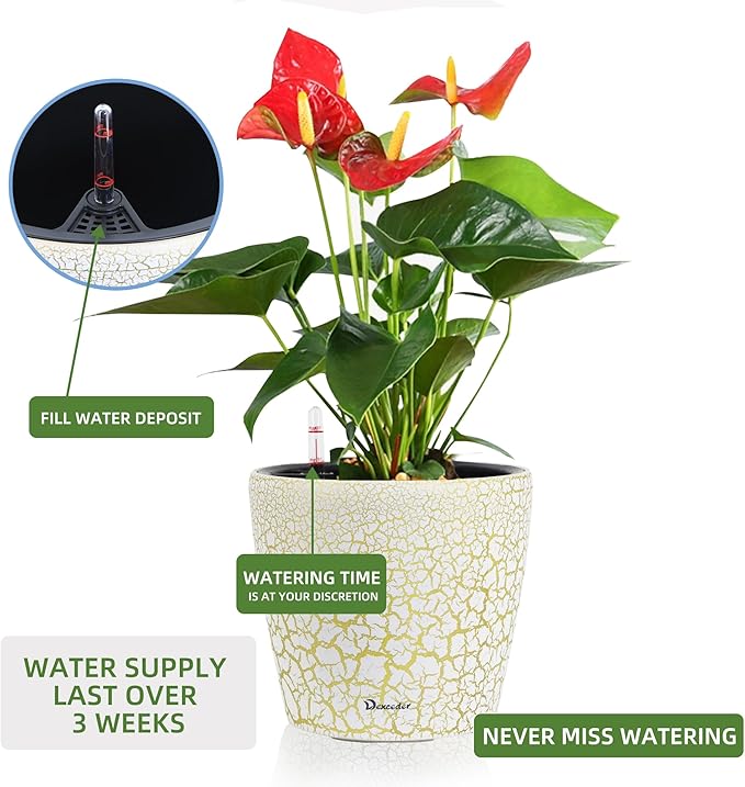Dexceder 11x10 Inches Self Watering Planter Indoor Outdoor, Inner Pot Design, Thickened Table Flower Plant Pot with Water Level Indicator (White Gold Crackle)