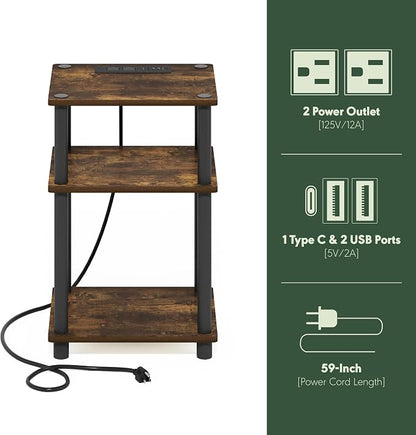 Furinno Just 3-Tier Turn-N-Tube USB and Type-C Charging Port End Table with Open Storage, 11.42 (W) x 8.82 (H) x 6.77 (D) inches, Amber Pine/Black