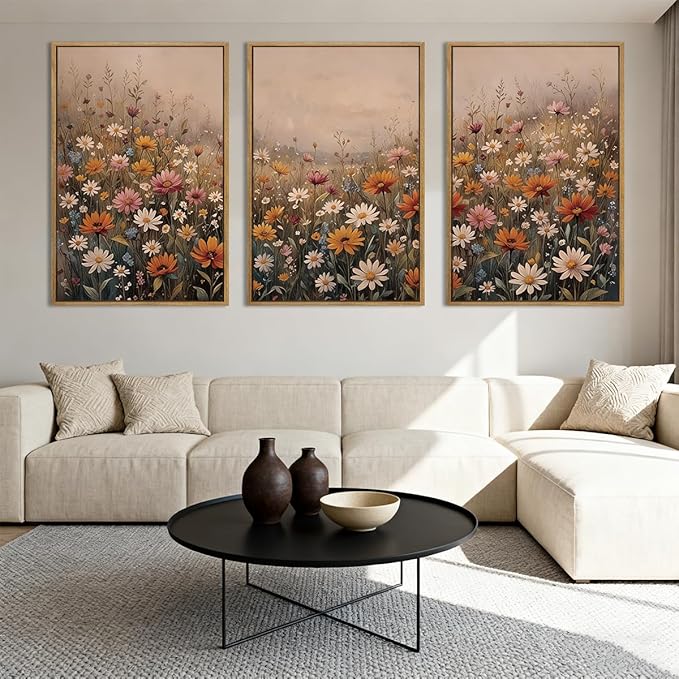 IARTTOP Extra Large Wildflower Framed Wall Art 24x36 Inch Set of 3 Vintage Botanical Art Prints Calming Nature Floral Landscape Wall Decor for Living Room Dining room Bedroom