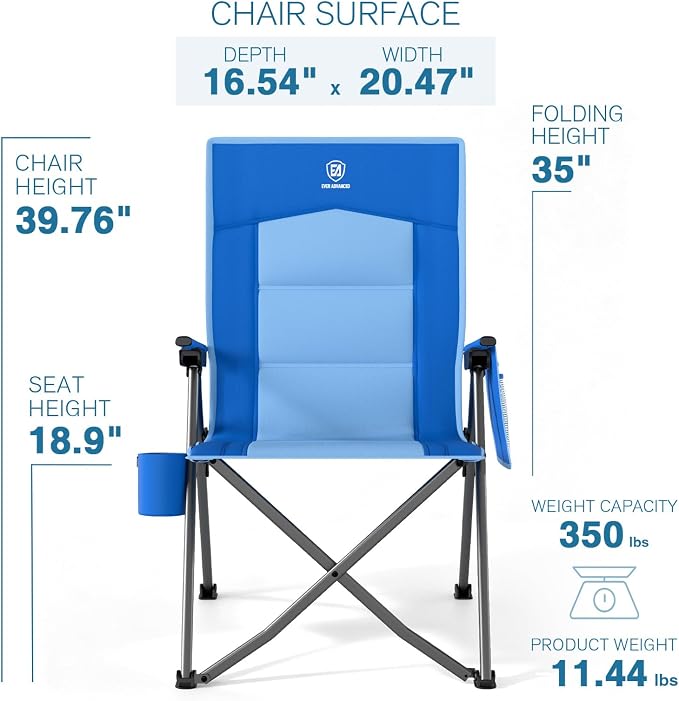 EVER ADVANCED Reclining Camping Chairs for Adult Lightweight, Folding Recliner Chair with Adjustable Back, 4-Level Lounge Chairs, Portable Lawn Chairs for Patio Balcony, Supports 350lbs Blue