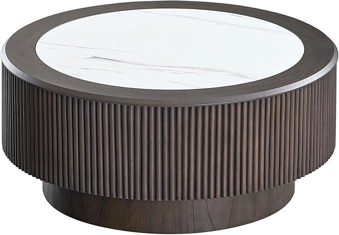kevinplus ø35.43'' Round Faux Marble Coffee Table for Living Room, Modern Drum Circle Embossment Fluted Pedestal Wooden Coffee Table, No Assembly, Dark Brown