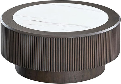 kevinplus ø35.43'' Round Faux Marble Coffee Table for Living Room, Modern Drum Circle Embossment Fluted Pedestal Wooden Coffee Table, No Assembly, Dark Brown