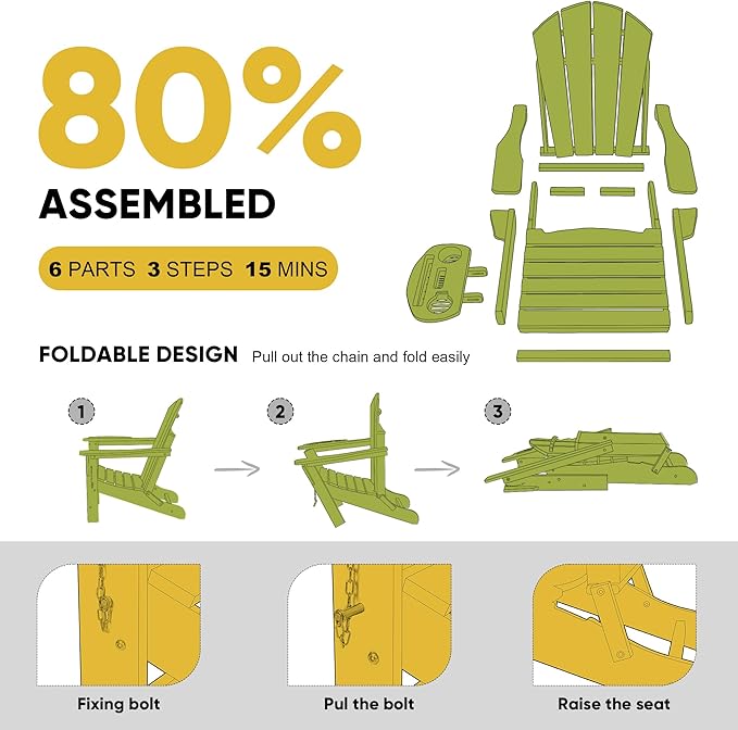 Adirondack Chair, HDPE Folding Adirondack Chair with Multifunctional Cup Holder, Weather Resistant Fire Pit Chair for porches, patios, patios, poolsides, Decks.