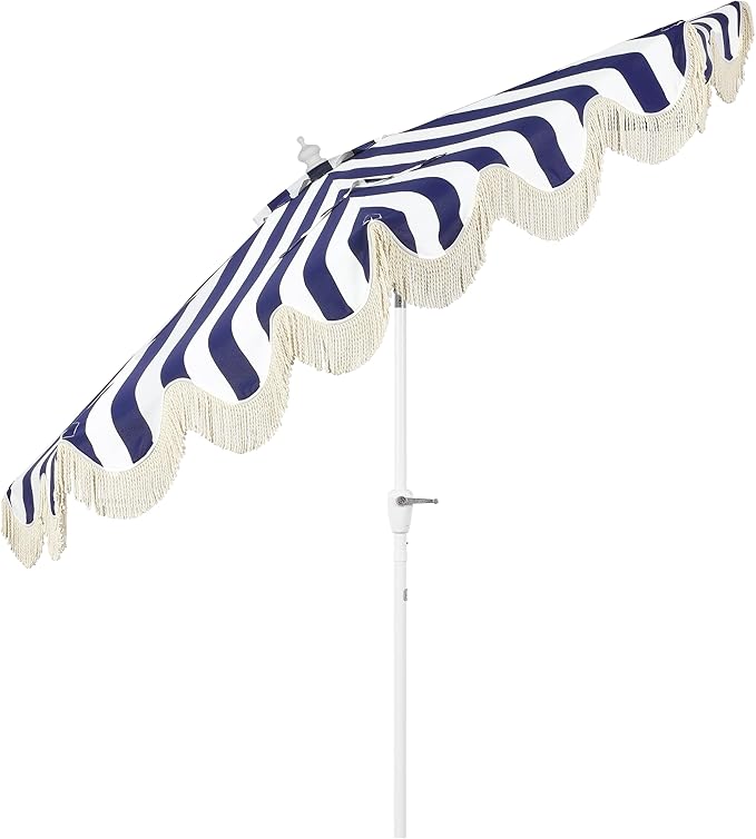 JONATHAN Y Half Umbrella UMB1201I Beverly 9 ft. Designer Classic Scalloped Fringe Market Patio with Crank, Tilt Button and UV Protection in Navy/White, White Pole
