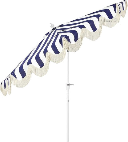 JONATHAN Y Half Umbrella UMB1201I Beverly 9 ft. Designer Classic Scalloped Fringe Market Patio with Crank, Tilt Button and UV Protection in Navy/White, White Pole