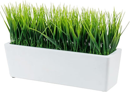 MyGift 14 Inch Artificial Green Grass Plant in Modern White Concrete Planter Window Box, Tabletop Faux Greenery in Decorative Rectangular Cement Container