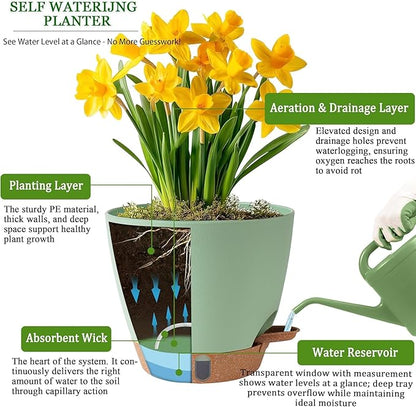 Self Watering Pots for Inoor Ourdoor Plants 10/9/8/7/6.5 Inch Plastic Planters with Drainage Holes & Water Level Indicator, Decorative House Flower Nursery Planting Pots with Saucers(Green)