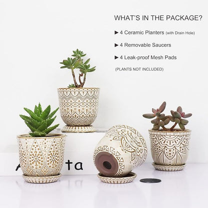 Gepege Succulent Pots, 4 Inch Small Indoor Ceramic Planter Pot with Drainage Holes and Saucers for Plants- Creamy White - Set of 4