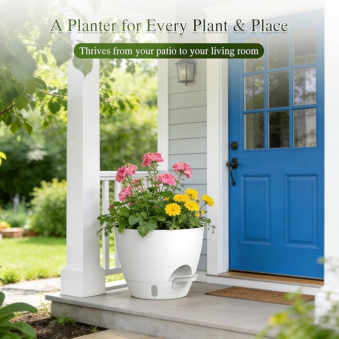 Plant Pots, 1 Pack 12 Inch Self Watering Pots with Drainage Holes, Water Level Indicator Deep Reservoir, Large Planters for Indoor Outdoor Plants - White