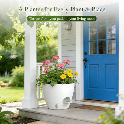 Plant Pots, 1 Pack 12 Inch Self Watering Pots with Drainage Holes, Water Level Indicator Deep Reservoir, Large Planters for Indoor Outdoor Plants - White