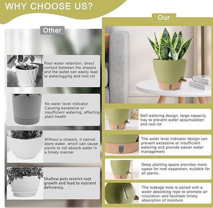 Self Watering Pots for Indoor Plants 12/10/9/8 Inch Large Plastic Self Watering Flower Pots Indoor Outdoor with Drainage Holes, Deep Reservoir,Nursery Planting Pot for Indoor Outdoor Plants