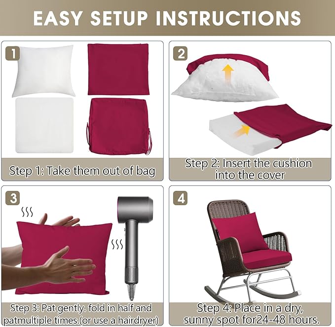 Outdoor Seat Cushion Set 24 x 24 In, Water-Resistant & Fade-Resistan, Patio Furniture Cushions with Removable Cover Deep Seat & Back Cushion with Handle and Adjustable Straps for Chair Sofa,2PC
