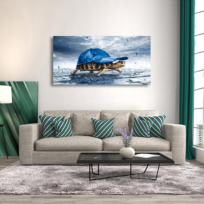 Haichuang Decor Art Funny Turtle Canvas Wall Art 40x20 Inches Framed Turtle with Blue Cap Wall Decor Wood Frame Waterproof HD Giclee Print Ready to Hang Humor Animal Artwork for Living Room Bedroom Bathroom