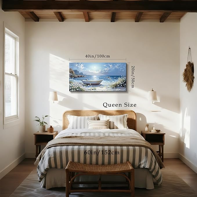 SERIMINO Beach Wall Art, Large Wall Decor, Boat Wall Art, Blue Ocean Landscape Prints, Seaside Daisy Wildflowers Pictures for Living Room Bedroom Bathroom Kitchen Office House Decorations 20"x40"