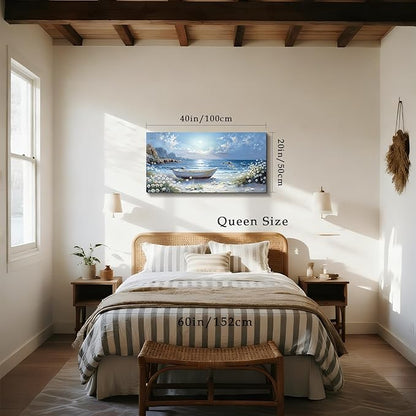 SERIMINO Beach Wall Art, Large Wall Decor, Boat Wall Art, Blue Ocean Landscape Prints, Seaside Daisy Wildflowers Pictures for Living Room Bedroom Bathroom Kitchen Office House Decorations 20"x40"