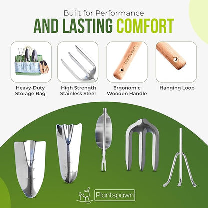 9 PCS Gardening Tools Set with Bag | Heavy-Duty Rust-Proof Hand Tools, with Wooden Handles 15 Plant Tags Included | Garden Tools, Gardening Essentials, Garden Supplies Gift for Men, Women & Gardeners