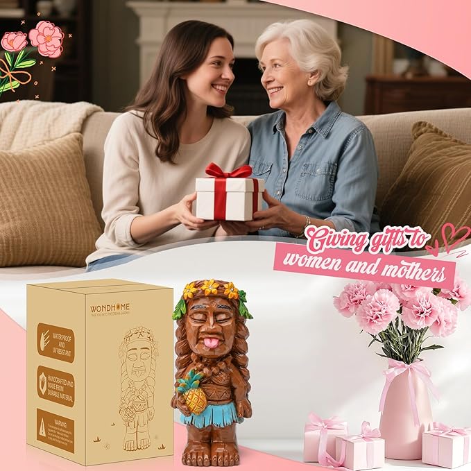 Solar Tiki Girl Garden Statues Tiki Lady Statue Holding Pineapple Figurine with Flower LED Lights for Tiki Bar Porch Patio Yard Outdoor Decorations Christmas Birthday Gardening Gift for Mom Women