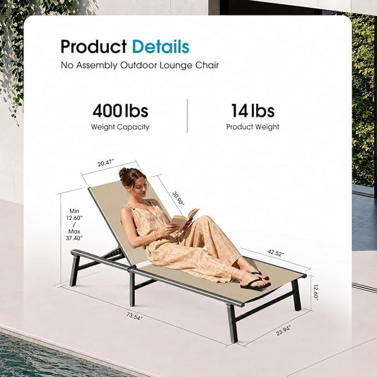 Ciokea Foldable Outdoor Lounge Chair, No Assembly Patio Chaise Lounge Outdoor with 5-Positions, Aluminum Pool Lounge Chair with Portable Design for Pool, Beach, Deck, Backyard, Khaki