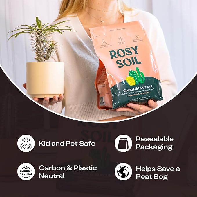 Rosy Soil Cactus & Succulent Potting Mix, 4qt | Organic Succulent Potting Soil, Chunky Fast Draining, Peat-Free, Root Boosting Mix, for AloeVera, Cacti, Indoor Succulents