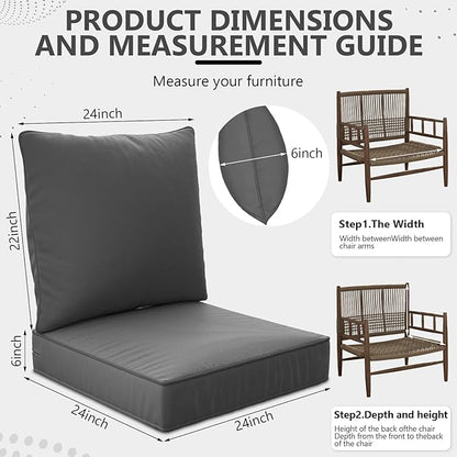 24" x 24" x 6" Outdoor Deep Seat Cushions Set - Waterproof & Fade Resistant Patio Furniture Replacement Cushions, Non-Slip Outdoor Cushions Fit Loveseats, Couches, Chairs, and Sofas.