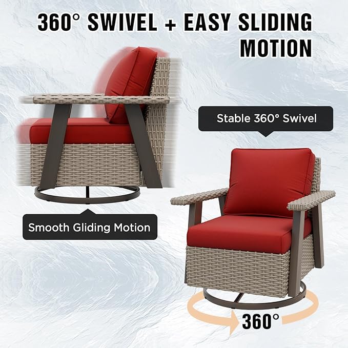 EAGLE PEAK Classic Wicker Patio Bistro Set of 2, Outdoor Patio Furniture with 360° Swivel Rocker Chair and Side Table, Lounge Set for Porch, Deck, or Balcony, Beige/Red