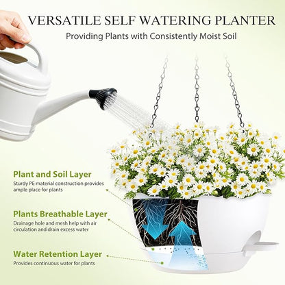 10 Inch Hanging Baskets 2 PC with Chains, Self-Watering Hanging Planters for Indoor Outdoor Plants, Plastic Hanging Flower Pots,White