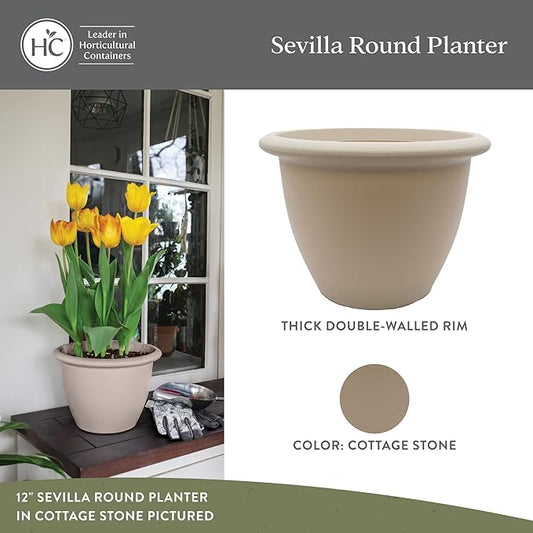 The HC Companies Sevilla Flower Planters - Durable Outdoor & Indoor Planter - Round Lightweight Self Watering Plant Pots for Herbs & More (14" Cottage Stone, Pack of 1)