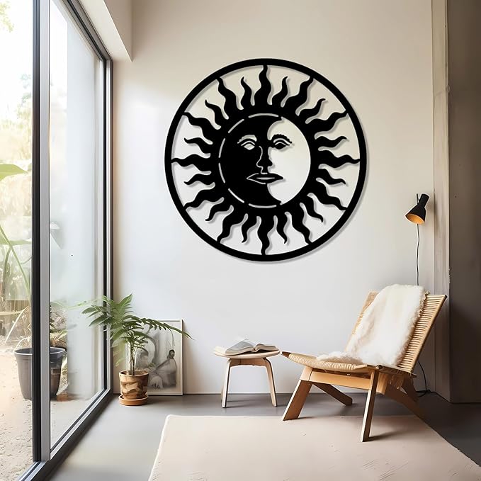 Sun and Moon Wall Decor, Metal Sun and Moon Wall Art, Boho Wall Art, Large Modern Wall Sculpture, Celestial Wall Hanging, Home Decor, Indoor Outdoor Wall Decor (Black, 28"x28"|70x70cm)