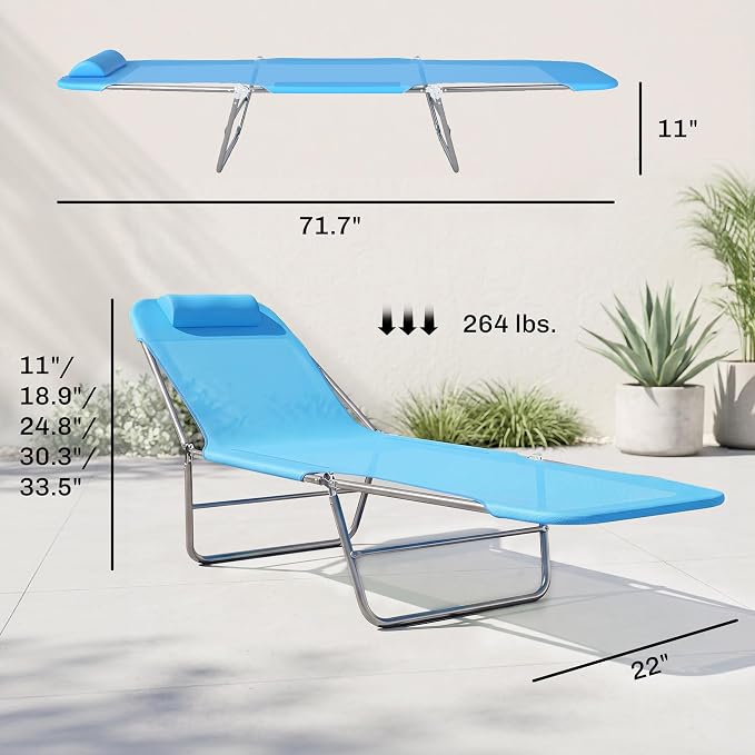 Outsunny Folding Chaise Lounge Outdoor Sun Tanning Chair w/Pillow, Blue | Reclining Back, Steel Frame, Breathable Mesh, Beach, Yard, Patio, Pool