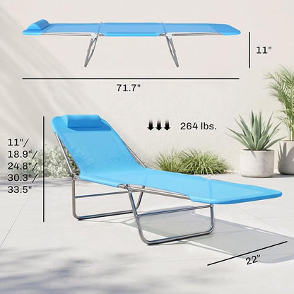 Outsunny Folding Chaise Lounge Outdoor Sun Tanning Chair w/Pillow, Blue | Reclining Back, Steel Frame, Breathable Mesh, Beach, Yard, Patio, Pool