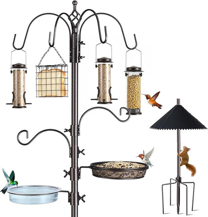 Bird Feeding Station Kit, 94 Inch, 6-Hook, with Squirrel Baffle, Metal Birds Feeder Stand Pole with Bird Bath and Mesh Tray, Freestanding 5-Prong Base