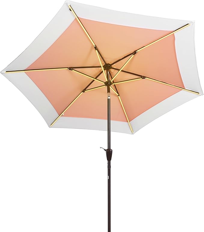 JONATHAN Y UMB1100D Spencer 9 ft. Classic Coastal 2-Tone Solar LED Market Patio Umbrella with 12 LED Strip Lights, Auto-Tilt, Crank and UV Protection in Coral Pink/White