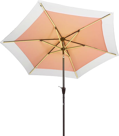 JONATHAN Y UMB1100D Spencer 9 ft. Classic Coastal 2-Tone Solar LED Market Patio Umbrella with 12 LED Strip Lights, Auto-Tilt, Crank and UV Protection in Coral Pink/White