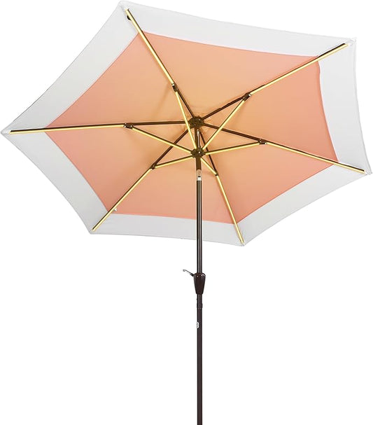 JONATHAN Y UMB1100D Spencer 9 ft. Classic Coastal 2-Tone Solar LED Market Patio Umbrella with 12 LED Strip Lights, Auto-Tilt, Crank and UV Protection in Coral Pink/White