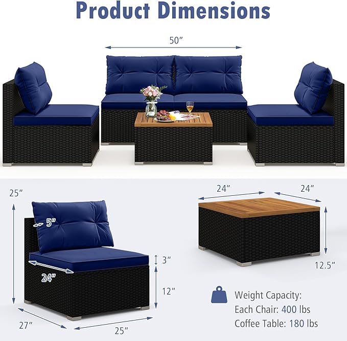 RELAX4LIFE 5-Piece Wicker Outdoor Furniture - PE Rattan Sectional Conversation Set w/4 Armless Sofas & Acacia Wood Coffee Table, Cushioned Patio Sofa Set for Garden Poolside Backyard Porch (Navy)