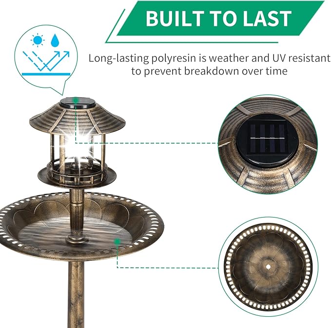 Outvita Outdoor Bird Bath, Garden Bird Baths Decorations with Solar-Powered Lamp and Resin Pedestal Flower Planter Base Bird Feeder for Yard Patio