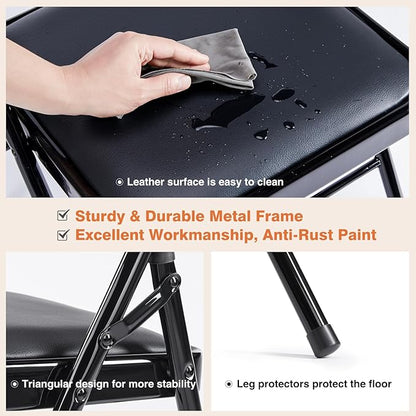 Sweetcrispy Folding Chair 2 Pack, Leather Padded Foldable Chairs, Sturdy Metal Portable Chairs, Easy to Use and Store, Outdoor and Indoor, for Home, Office, Party, Garden, Black
